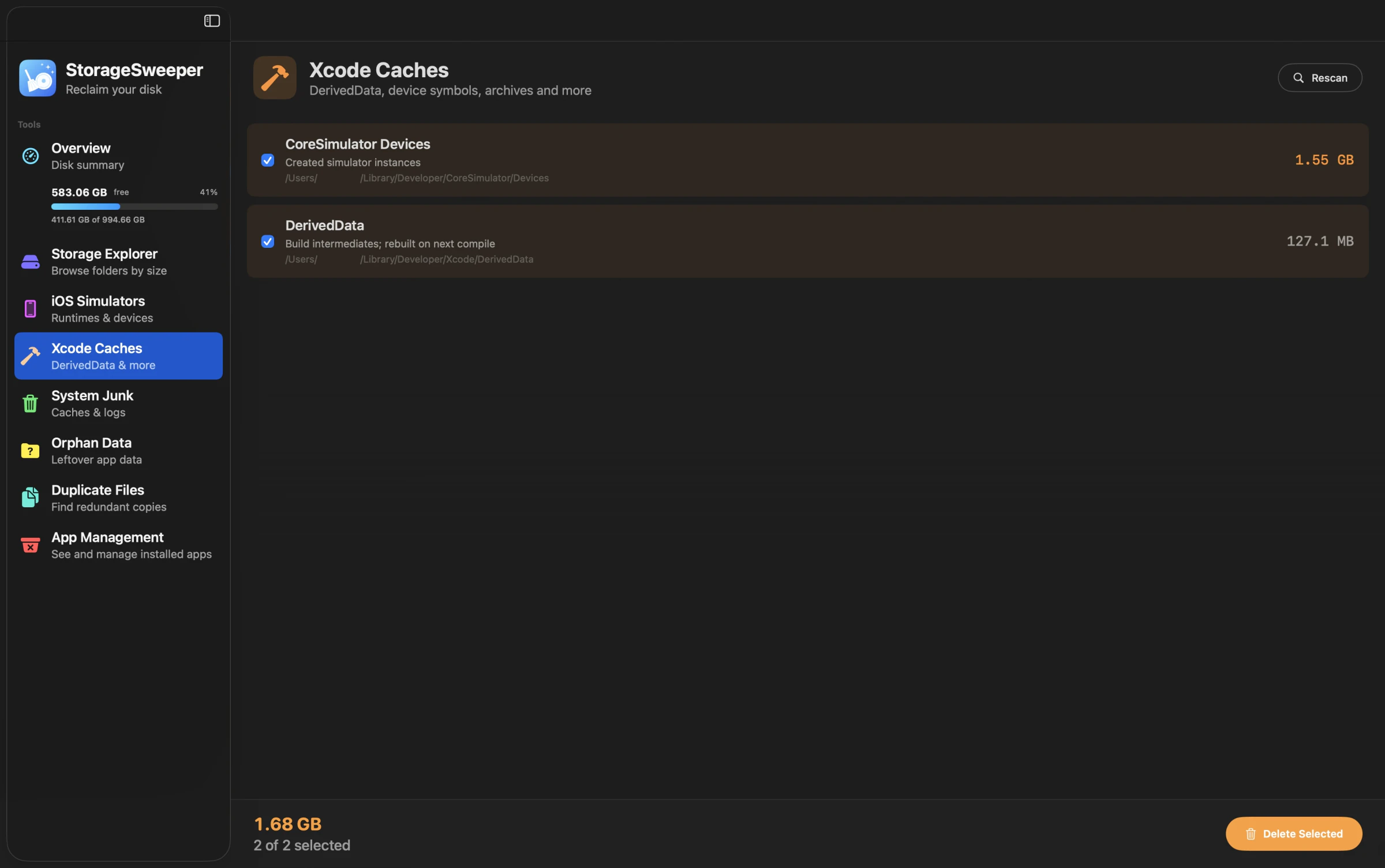 Xcode Caches view