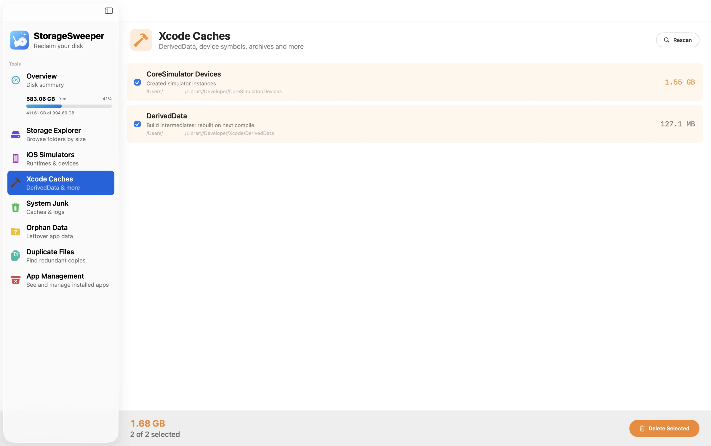 Xcode Caches view